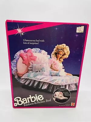 Buy 1990 Barbie, Pink Sparkles Ribbon & Roses Bed Made In Mexico NRFB • 300.31£