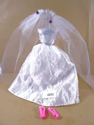 Buy Fashion Doll Wedding Dress Fits Barbie Steffi Veil With Beads Shoes (6251) • 10.35£