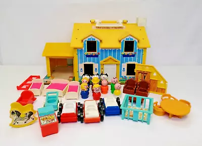 Buy Vintage Fisher Price Play Family House 1969 With Figures, Dogs, Furniture, Cars • 30£