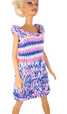 Buy BARBIE 80s Knitted Wool Handmade Mini Dress Dress Pink Stripes Blue B434 • 6.18£