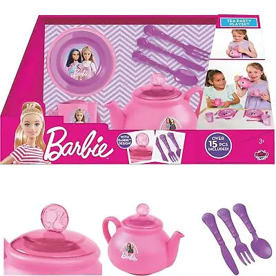 Buy Barbie 15pc Tea Set Teapot Cups Plates Cutlery Mattel Playset Kitchen Pretend • 25£