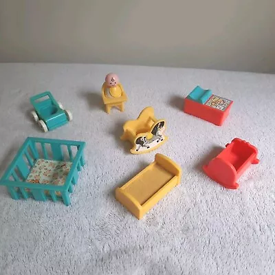 Buy Fisher-Price Little People Nursery Furniture Baby Cot Rocking Horse Vintage 70s • 24.95£