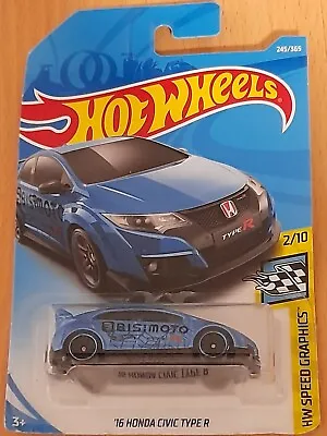 Buy New Hot Wheels '16 Honda Civic Type R In Blue Speed Graphics Long Card 245/365 • 11£
