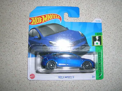 Buy Hot Wheels 2024 Green Speed Tesla Model Y In Dark Blue Short Card • 6.39£