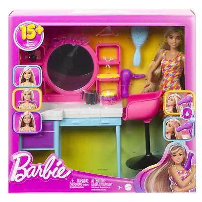 Buy Barbie Doll And Hair Salon Playset, Long Colour-Change Hair • 45.99£