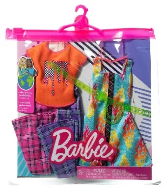 Buy Mattel Barbie Fashions 2pk Love T-Shirt Check Flared Pants & Flames Print Dress • 23.84£