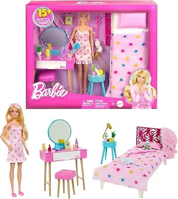 Buy Barbie Bedroom Pink Playset With Doll Bed Nightstand Vanity And Accessories • 66.70£
