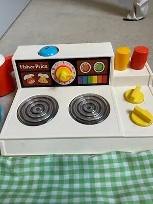 Buy 1980's Fisher Price Kitchen With Dishes, Table Cloth And Food • 23.62£