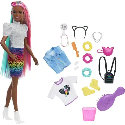 Buy Barbie Leopard Rainbow Hair Doll With Accessories New Kids Childrens Toy Mattel • 14.99£