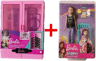 Buy Mattel Set Of 2 GBK11 Barbie Wardrobe + GHV88 Skipper Babysitter Bedspread • 33.69£