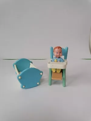Buy Fisher Price Loving Family Dolls House Furniture Blue Cot Baby Boy + High Chair • 13.99£