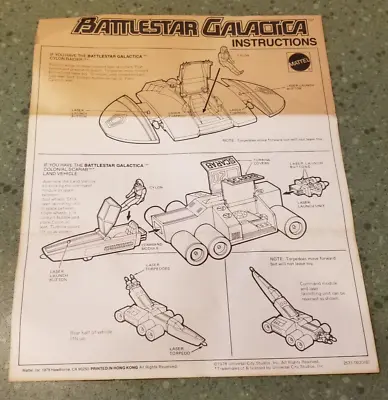 Buy 1978 BATTLESTAR GALACTICA INSTRUCTION SHEET Mattel Cyclon Raider/Colonial Scarab • 18.29£