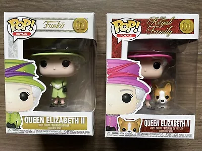 Buy 2x Funko POP Vinyls The Royal Family 01 Queen Elizabeth II In Green And Pink Box • 19.99£
