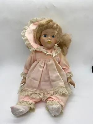 Buy Vintage Porcelain Doll With Floral Pink Dress Blue Eyes Blonde Hair Collectable • 14.99£