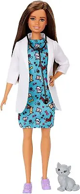 Buy Barbie Pet Vet Brunette Doll With Career Pet-Print Dress, Medical Coat And Kitty • 14.03£