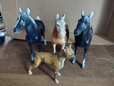 Buy (3) 6  Tall Plastic Horses W/ 2 Saddles & 4  Tall Dog (Boxer) - Mego, Big Jim • 3.94£