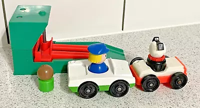 Buy 1970's FISHER PRICE PRE-SCHOOL VINTAGE CAR RAMP, 2 CARS, 2 LITTLE PEOPLE & A DOG • 12.99£