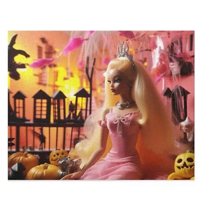 Buy Puzzle (120, 252, 500-Piece) Barbie Spooky Pink Yellow Crown Halloween Pumpkin • 47.45£