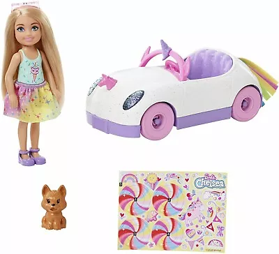 Buy Barbie Chelsea And White Unicorn Car With Pet Dog & Stickers GXT41 • 23.11£