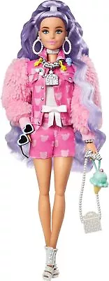 Buy Barbie Extra Doll #6 In Pink Teddy Bear Print Denim Jacket & Matching Shorts Wi • 29.84£