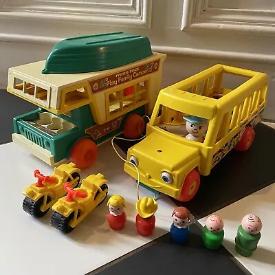 Buy Vintage Fisher Price Bundle Little People Play Family Camper Van & School Bus • 29.99£