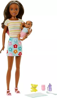 Buy Barbie Brown Skipper Baby-Sitter Doll Box, With Baby Figure And 5 Acce • 18.79£