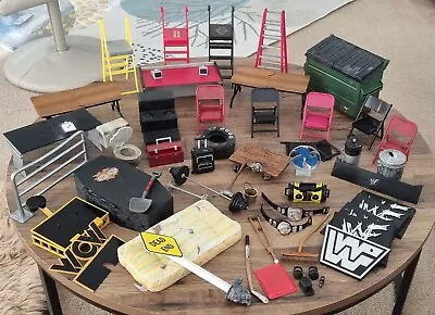 Buy JOB LOT WWF WCW ACCESSORIES GEAR COFFIN LADDERS CHAIRS BELTS ETC 50 PIECES 1990s • 85£