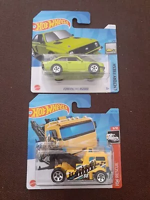Buy 2 New Hot Wheels Green Ford Escort RS2000 + Yellow  Heavy Hitcher Tow Truck  • 6.29£
