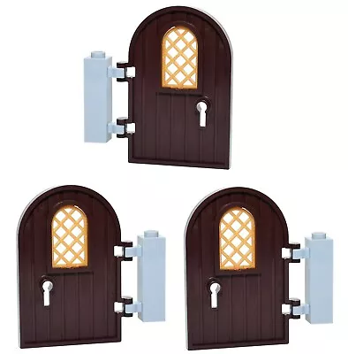 Buy LEGO Doors With Gold Windows X3 Dark Brown For Castle House Hinges Keyhole * • 5.85£